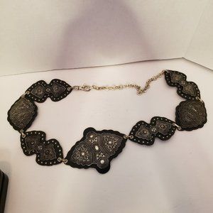 Black Floral Panel and Chain Statement Belt